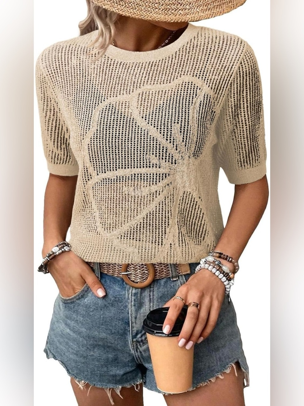 Light Beige Open-Knit Floral Short Sleeve Sweater Top Womens Summer Beach Vacay